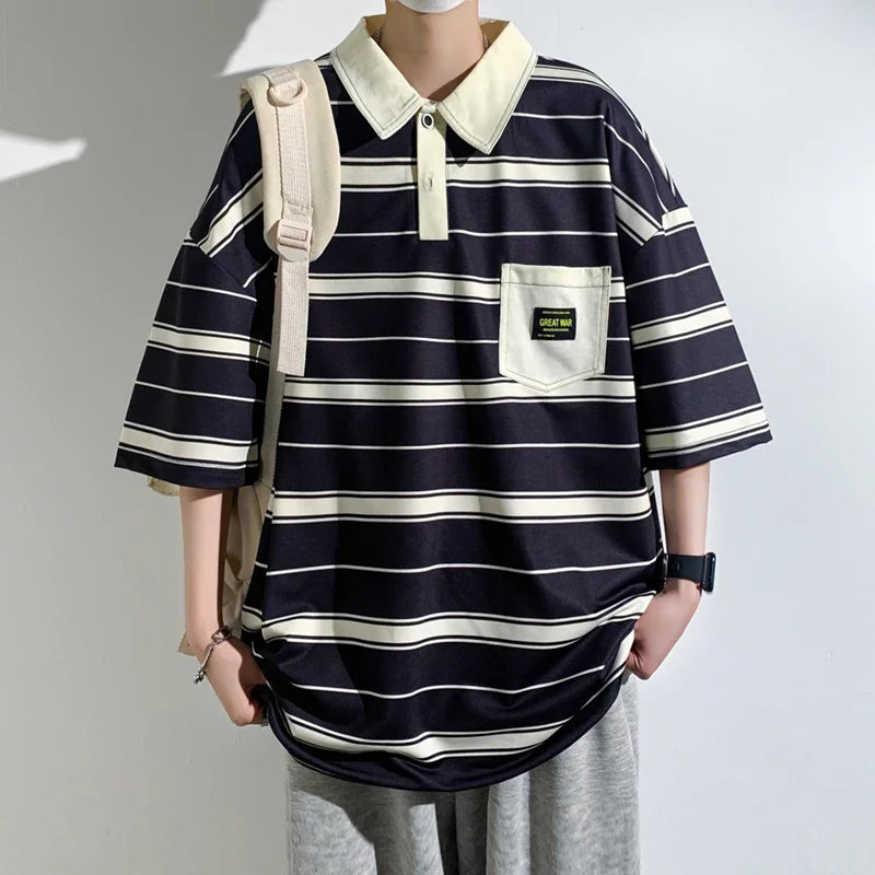 Summer Men POLO Shirt Trend Loose Clothing Students Short-sleeved T Shirt Tops Round Neck Five-quarter Sleeve Harajuku
