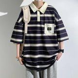 Summer Men POLO Shirt Trend Loose Clothing Students Short-sleeved T Shirt Tops Round Neck Five-quarter Sleeve Harajuku