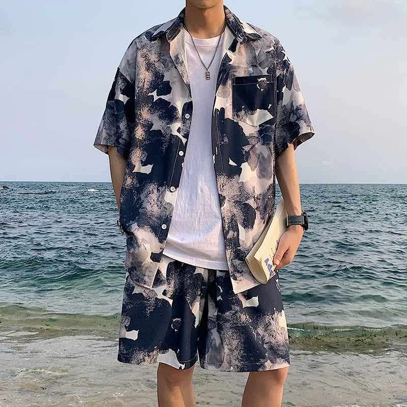Summer Men Shorts Set Matching Shirts Letter Striped Floral Printing Outfits Short Sleeve Elastic Waist Thin Oversize Suit Man
