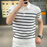 Summer Men's Clothing Light Luxury Button-down Knit Polo Shirt Popular Lapel Striped Short Sleeve Leisure Fashion Knitwear