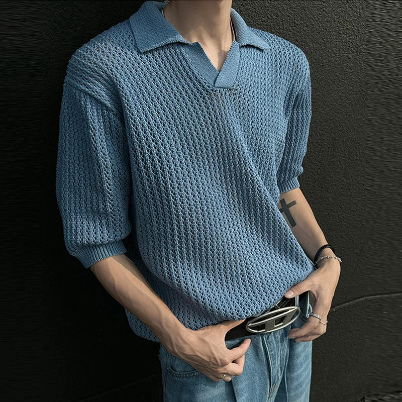 Summer Men's Clothing Light Luxury Korean Popular Hollow Out Polo Shirt Leisure V Neck Short Sleeve Solid Color Retro Knitwear