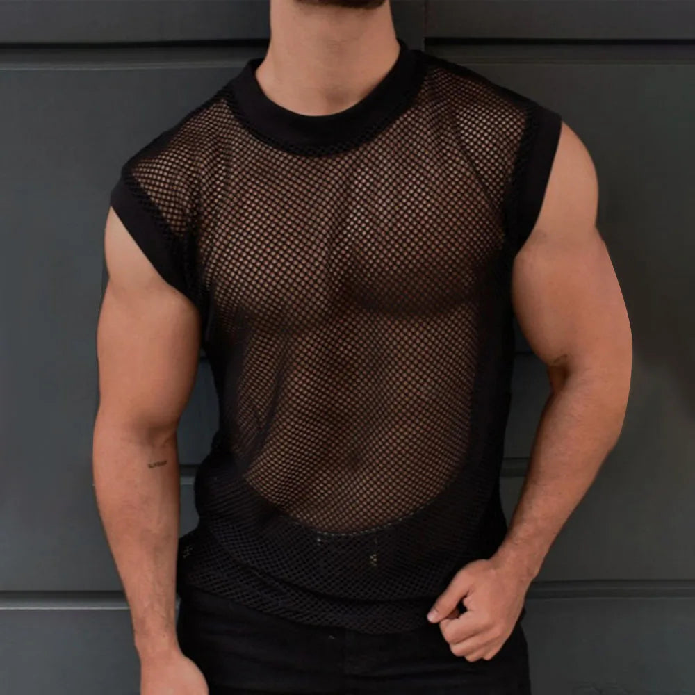 Summer New Mens Fashion Transparent Mesh Vest Sexy Perspective Solid Color Mesh Sports Casual Sleeveless Top Men Clothing