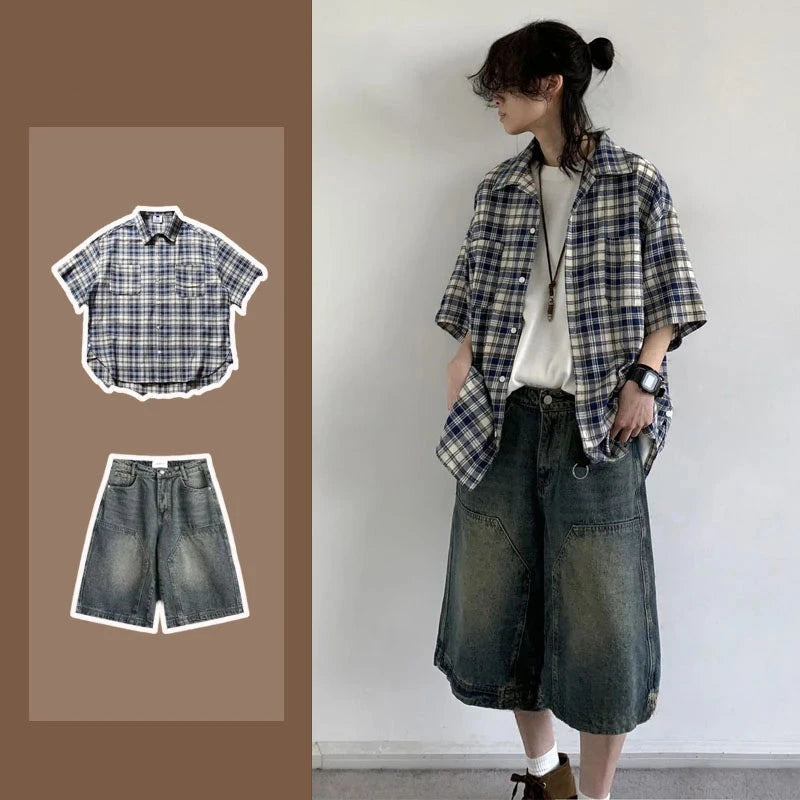 Summer Retro Men Set Checkered Fashion Short Sleeved Shirt+Big Pocket Washed Denim Shorts 2-piece High Street Trendy Unisex Suit