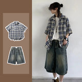 Summer Retro Men Set Checkered Fashion Short Sleeved Shirt+Big Pocket Washed Denim Shorts 2-piece High Street Trendy Unisex Suit