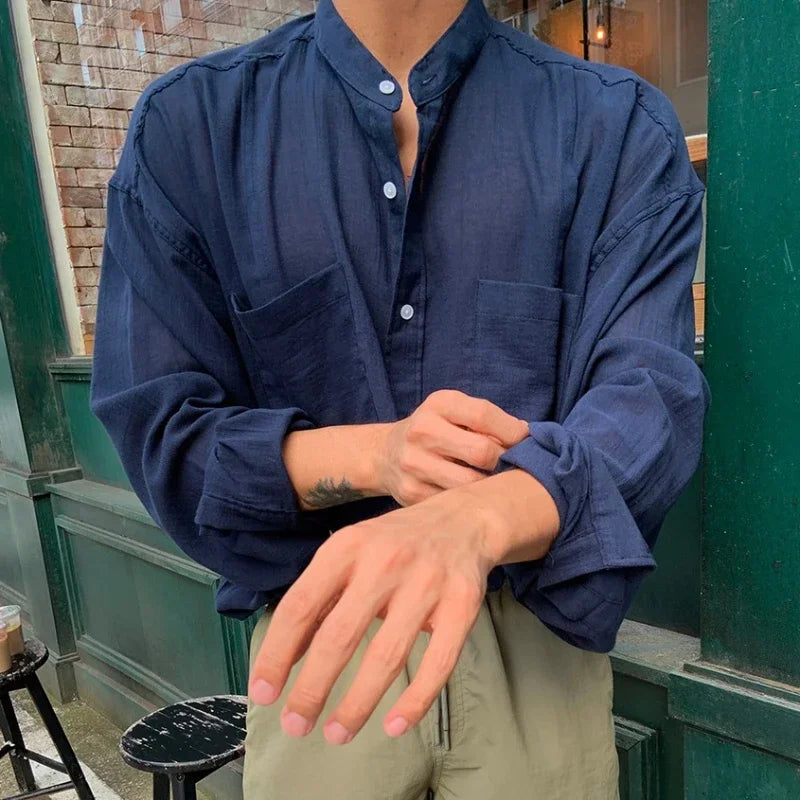 Unisex Oversized Linen Mandarin Collar Shirt Coat Men's Long Sleeve Casual Loose Fit Fashion Style Sun Protection Clothing