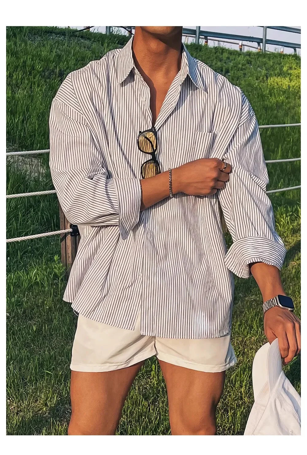 Unisex Oversized Striped Shirt Coat Men's Long Sleeve Casual Loose Fit Fashion Japanese Korean Style Sun Protection Clothing