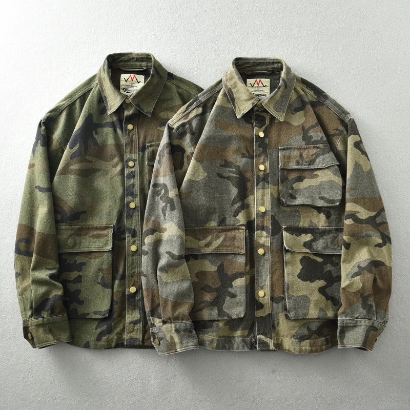 Vintage men's fashion wash to do old camouflage cargo shirt three-dimensional pocket design shirt jacket