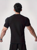 [Summer Fitness Training T-Shirt] Men'S Summer Casual Running Fitness Training T-Shirt, Solid Color Round Neck Slim Fit Base Layer, Short Sleeve, Stretch Polyester, Sport Style, for Workout and Gym