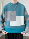 Cozy Thermal Men's Fleece-Lined Knit Sweater - Soft Polyester Blend, Machine Washable, Casual & Trendy Color Block Design - Perfect for Fall & Winter