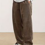 Plus Size Corduroy Pants - Casual Loose-Fit Solid Color Straight-Leg Drawstring Trousers - 100% Breathable Polyester Woven Fabric for Urban Streetwear & Outdoor Activities