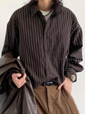 Vintage Lapel Collar Polyester Long Sleeve Striped Shirt, Single Breasted Placket, Regular Fit, Weekend Casual, for Men and Women