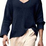 [Long Sleeve V-neck Knit Sweater] Men's Solid Knit V-neck Long Sleeve Sweater With Hollow Pieces, Chic And Trendy Tops For Spring And Autumn Daily And Holiday Leisurewear