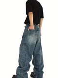 Men's Heavyweight Premium Washed Jeans - Straight-Leg Casual Pants with Curved Hem & Pockets, Machine Washable Polyester Blend for Spring/Fall Casual Attire