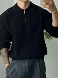 Long Sleeve Polyester Sweatshirt - Men's Casual Knitted Zipper Top - Lapel Collar, Solid Color, Slight Stretch, Half Placket, Loose Fit - 95% Polyester, 5% Spandex - Winter Wear