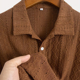 [Brown|Casual] Breathable Brown Men's Knit Shirt | Casual Short Sleeve, Button-Up Collar | Perfect for Golf or Tennis with Eyelet Embroidery