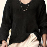 [Long Sleeve V-neck Knit Sweater] Men's Solid Knit V-neck Long Sleeve Sweater With Hollow Pieces, Chic And Trendy Tops For Spring And Autumn Daily And Holiday Leisurewear
