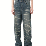 [Casual Blend Denim Pants] Loose Fit Jeans - Men's Casual Blend Striped Denim Pants - Non-Stretch Fabric, Regular Length, Washed Detail, All-Season Wear