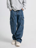 Men's Casual Jeans With Multiple Pockets, Straight Tube, Loose Fit, Slimming And Wide Leg Workwear Jeans, Street Hop, Street Dance, Skateboarding, Denim Pants