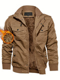 [Thick Cotton Retro Hooded Jacket] Men's Winter Casual Jacket Cotton Fabric Thick Stiff Shapely Retro Style Oblique Muscle Texture Hooded Fleece Lined Multi-pockets Knitted Ribbed Cuffs Hem Windproof Warm Outdoor Hiking Runni