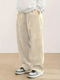 Plus Size Corduroy Pants - Casual Loose-Fit Solid Color Straight-Leg Drawstring Trousers - 100% Breathable Polyester Woven Fabric for Urban Streetwear & Outdoor Activities