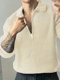 Long Sleeve Polyester Sweatshirt - Men's Casual Knitted Zipper Top - Lapel Collar, Solid Color, Slight Stretch, Half Placket, Loose Fit - 95% Polyester, 5% Spandex - Winter Wear