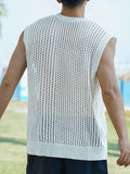 Men'S Fashion Hollow-Out Viscose Tank Top, Solid Color Crew Neck Sleeveless Knit Vest for Casual, Outdoor, Streetwear - Spring/Summer/Fall Season