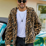 [Long Sleeve Leopard Print Jacket] RELISH NOLESS Men's Casual Leopard Print Faux Fur Hooded Jacket with Pockets - Polyester Knit Fabric, Long Sleeve, Zippered Winter Coat