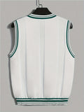 Men's Athletic V-Neck Sweater Vest - Stylish White & Green Ribbed Knit, Breathable & Stretchy, Ideal for Outdoor Activities & Casual Wear - Easy Care