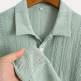 [Brown|Casual] Breathable Brown Men's Knit Shirt | Casual Short Sleeve, Button-Up Collar | Perfect for Golf or Tennis with Eyelet Embroidery