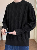 [Warm Crew Neck Cable Sweater] Men's Solid Color All Match Knitted Cable Sweater, Casual Warm Slightly Flex Crew Neck Pullover For Men For Fall And Winter