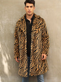 [Long Warm Coat Leopard Pattern] Men's Plush Warm Coat With Leopard/ Zebra Pattern Design, Long Length Trendy Coats For Fall/Winter