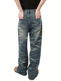 [Casual Blend Denim Pants] Loose Fit Jeans - Men's Casual Blend Striped Denim Pants - Non-Stretch Fabric, Regular Length, Washed Detail, All-Season Wear