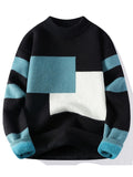 Cozy Thermal Men's Fleece-Lined Knit Sweater - Soft Polyester Blend, Machine Washable, Casual & Trendy Color Block Design - Perfect for Fall & Winter