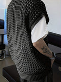 Men'S Fashion Hollow-Out Viscose Tank Top, Solid Color Crew Neck Sleeveless Knit Vest for Casual, Outdoor, Streetwear - Spring/Summer/Fall Season