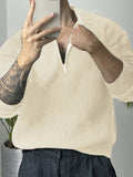 Long Sleeve Polyester Sweatshirt - Men's Casual Knitted Zipper Top - Lapel Collar, Solid Color, Slight Stretch, Half Placket, Loose Fit - 95% Polyester, 5% Spandex - Winter Wear