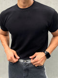 [Summer Fitness Training T-Shirt] Men'S Summer Casual Running Fitness Training T-Shirt, Solid Color Round Neck Slim Fit Base Layer, Short Sleeve, Stretch Polyester, Sport Style, for Workout and Gym