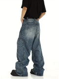 Men's Heavyweight Premium Washed Jeans - Straight-Leg Casual Pants with Curved Hem & Pockets, Machine Washable Polyester Blend for Spring/Fall Casual Attire