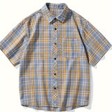 Summer Fashionable Plaid Print Short Sleeve Button Shirt - Men's Casual Lapel Trendy Versatile - Suitable for Dates, Beach Holiday, as Gifts