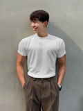 [Summer Fitness Training T-Shirt] Men'S Summer Casual Running Fitness Training T-Shirt, Solid Color Round Neck Slim Fit Base Layer, Short Sleeve, Stretch Polyester, Sport Style, for Workout and Gym