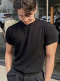 [Summer Fitness Training T-Shirt] Men'S Summer Casual Running Fitness Training T-Shirt, Solid Color Round Neck Slim Fit Base Layer, Short Sleeve, Stretch Polyester, Sport Style, for Workout and Gym