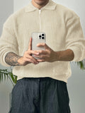 Long Sleeve Polyester Sweatshirt - Men's Casual Knitted Zipper Top - Lapel Collar, Solid Color, Slight Stretch, Half Placket, Loose Fit - 95% Polyester, 5% Spandex - Winter Wear