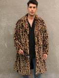 [Long Warm Coat Leopard Pattern] Men's Plush Warm Coat With Leopard/ Zebra Pattern Design, Long Length Trendy Coats For Fall/Winter