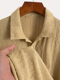[Brown|Casual] Breathable Brown Men's Knit Shirt | Casual Short Sleeve, Button-Up Collar | Perfect for Golf or Tennis with Eyelet Embroidery