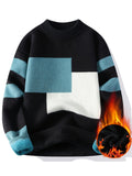 Cozy Thermal Men's Fleece-Lined Knit Sweater - Soft Polyester Blend, Machine Washable, Casual & Trendy Color Block Design - Perfect for Fall & Winter