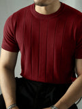 Men's Short Sleeve Crew Neck Knit Sweater - Red, Blend Fabric, Stretchy, Easy Care, Ideal for Outdoor & Casual Wear