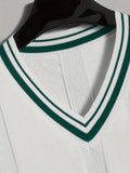 Men's Athletic V-Neck Sweater Vest - Stylish White & Green Ribbed Knit, Breathable & Stretchy, Ideal for Outdoor Activities & Casual Wear - Easy Care