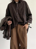 Vintage Lapel Collar Polyester Long Sleeve Striped Shirt, Single Breasted Placket, Regular Fit, Weekend Casual, for Men and Women