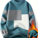 Cozy Thermal Men's Fleece-Lined Knit Sweater - Soft Polyester Blend, Machine Washable, Casual & Trendy Color Block Design - Perfect for Fall & Winter