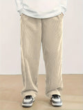 Plus Size Corduroy Pants - Casual Loose-Fit Solid Color Straight-Leg Drawstring Trousers - 100% Breathable Polyester Woven Fabric for Urban Streetwear & Outdoor Activities