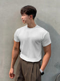 [Summer Fitness Training T-Shirt] Men'S Summer Casual Running Fitness Training T-Shirt, Solid Color Round Neck Slim Fit Base Layer, Short Sleeve, Stretch Polyester, Sport Style, for Workout and Gym